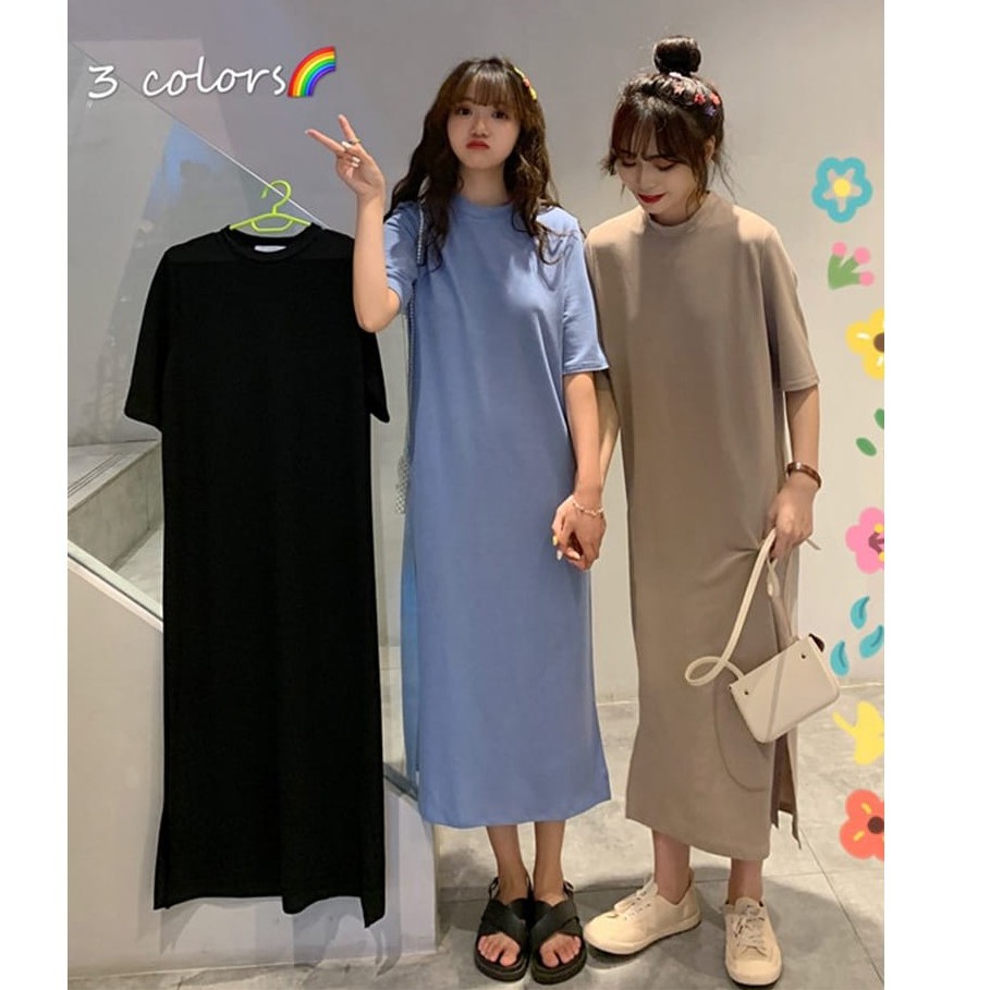 Long Dress Model Longgar - Terusan polos wanita model slit bagian samping - kualitas import