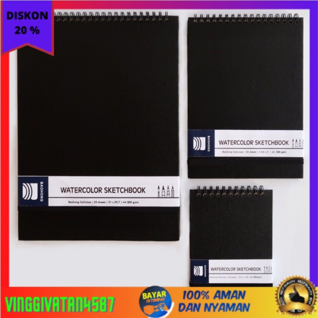 

⭐BISA COD⭐ Watercolour Sketchbook Baohong Cellulose 300gsm A6 / A5 / A4
