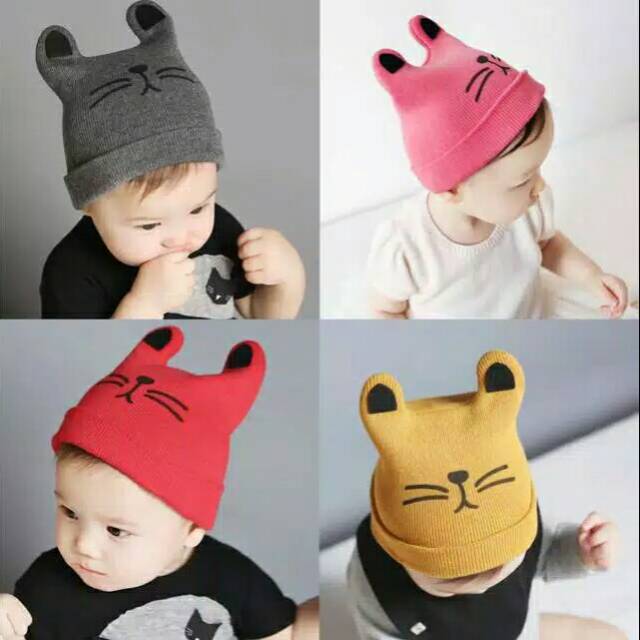 Topi kupluk bayi cat topi  bayi kucing topu rajut bayi