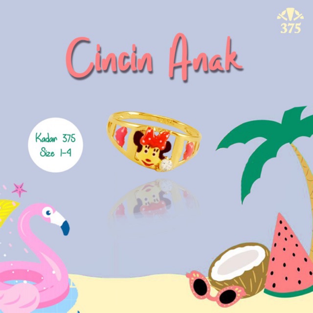 Cincin anak perempuan motif minnie mouse disney emas asli kadar 375