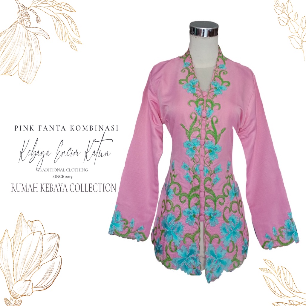 Kebaya Encim Kartini Katun Bordir Pink Fanta Lengan Panjang Bigsize Jumbo