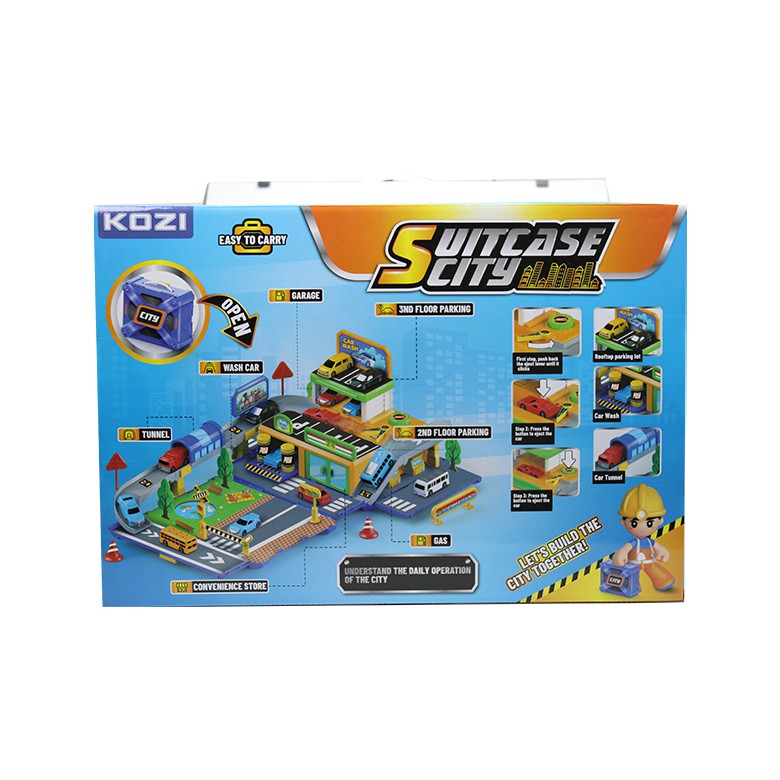 Splicing City Parking Lot Set with Cars Convenience Stores Car Wash Centers Gas Stations Tunnels Toy