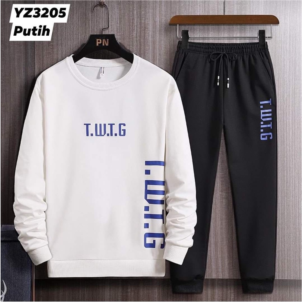 Setelan Sport TWTG Bahan Fleece Tebal - Set Celana Panjang + Sweater Sweatshirt Sporty