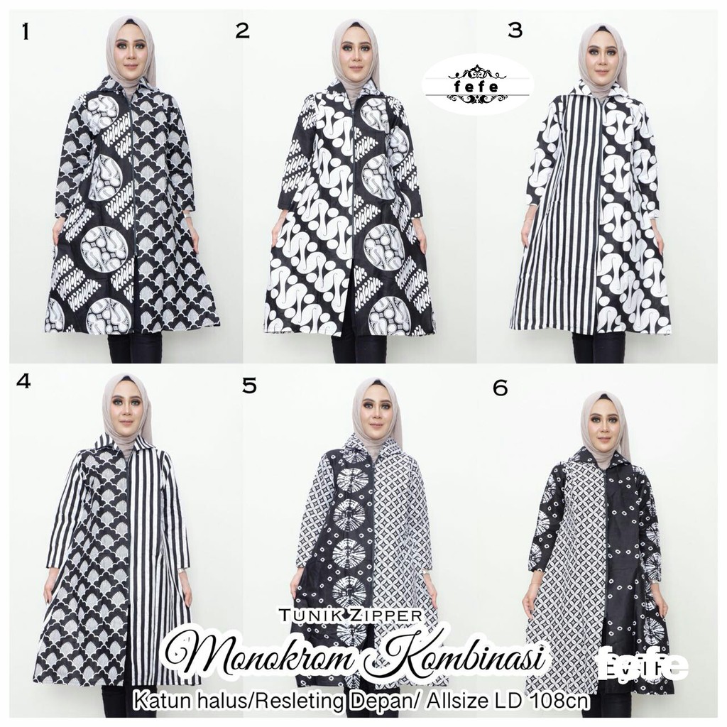 BAJU BATIK WANITA MODEL TUNIK MONOKROM KOMBINASI TERBARU