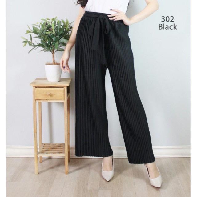 302 KULOT PLISKET PANJANG TALI PINGGANG MODIS FASHION MUSLIM BAWAHAN CELANA POLOS MURAH PLEATEDPANTS-Black