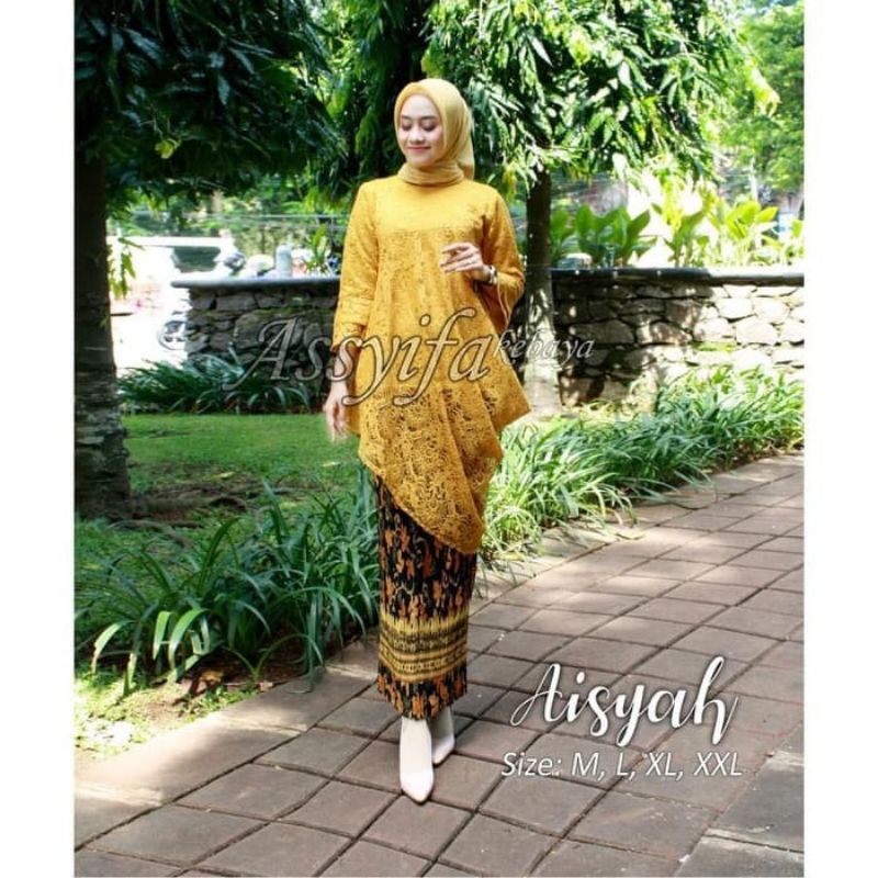 IndahKebaya | SET KEBAYA BROKAT MIRENG / TUNIK MENCENG / PESTA KONDANGAN / MOCCA DUSTY NAVY SILVER