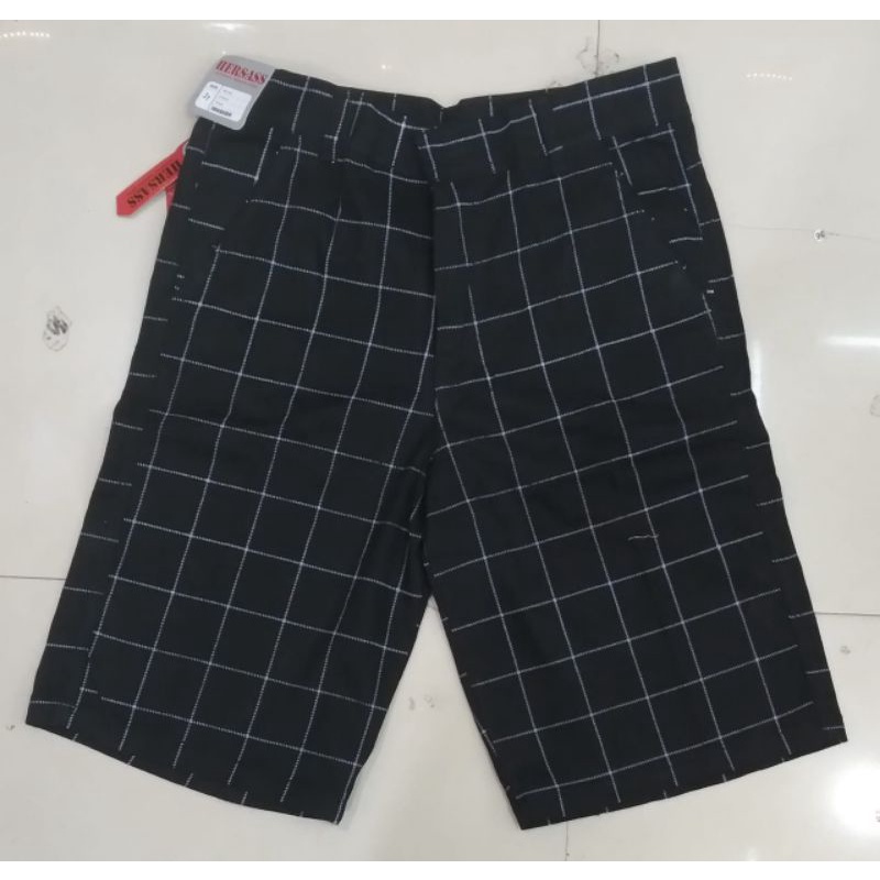 celana pendek Chinos pria bahan katun motif kotak kota