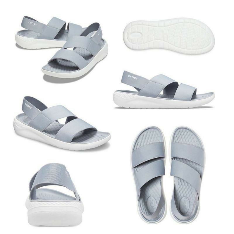 SANDAL CROCS LITERIDE STRETCH STRAP WOMEN / CROCS LITERIDE STRAPY SLIP ON SANDALS-Grey
