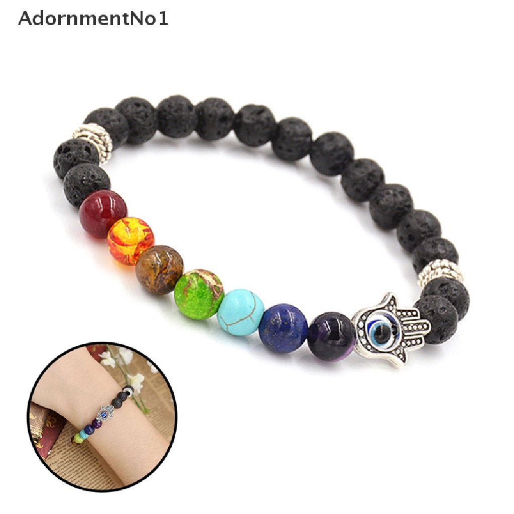 (AdornmentNo1) Gelang Tangan Batu Lava Aksen Tangan Hamsa + Kristal + Chakra Untuk Penyembuhan Reiki