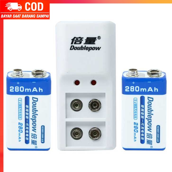 (100% BARANG ORI) DOUBLEPOW Charger Baterai 2 slot for 9V with 2PCS 9V 280mAh - DB-B09