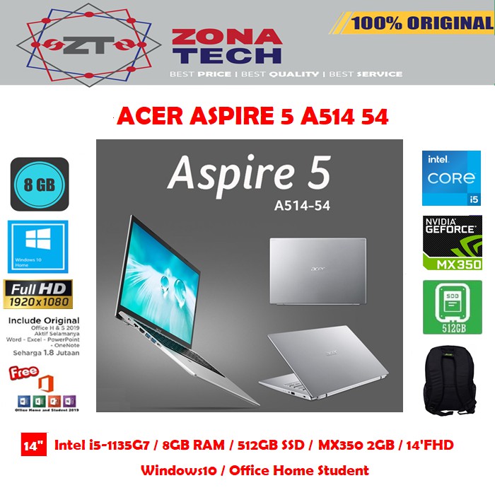 LAPTOP ACER ASPIRE 5 A514-54G - i5-1135G7 - 8GB - 512GB SSD -  MX350 2GB - 14