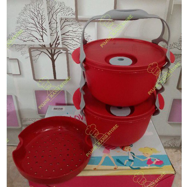 Rantang makanan caterbowl 2 susun tupperware merah with handle