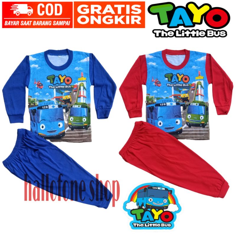 Setelan Baju Kaos Lengan Panjang Anak Laki Laki Perempuan Gambar Tayo Setelan Baju Tidur Lengan panj