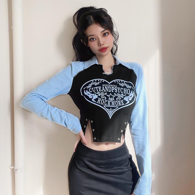 Suhao American Top Metal Pin Dekoratif Vintage Cetak Lengan Panjang T-shirt Wanita Slim Fit Polo Col