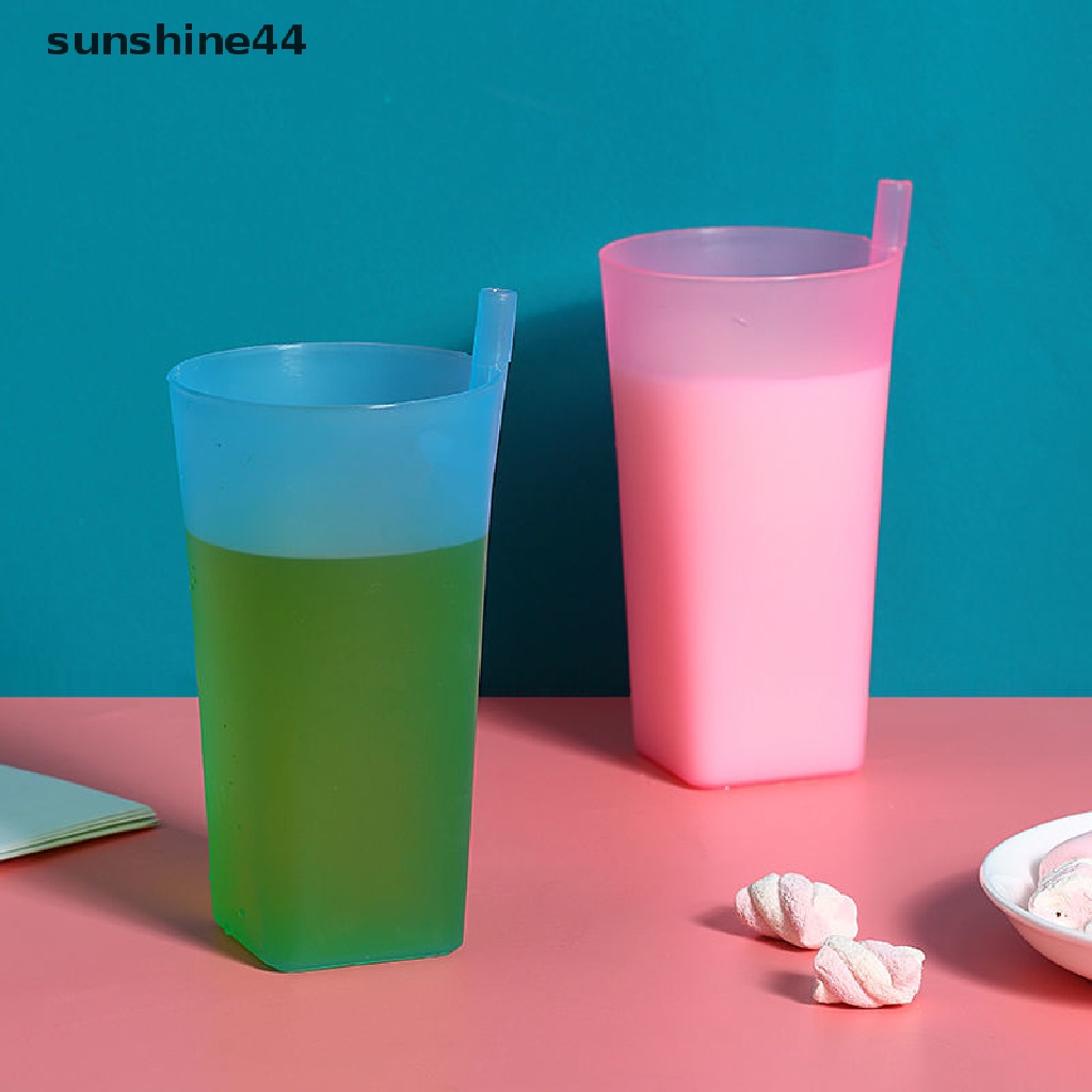 Sunshine 1pc Gelas Minum Dengan Sedotan Built in Warna Polos Untuk Bayi / Anak