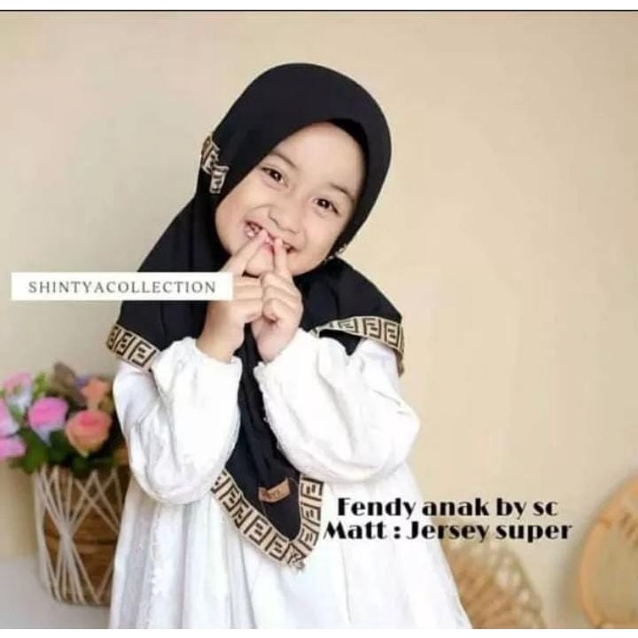 kerudung instan jersey bergo anak perempuan fendi umur 3-8 tahun bahan jersey hyget jumbo motif list tali serut ped antem terbaru