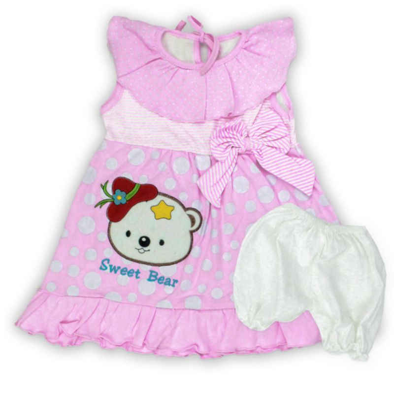 DRESS FASHION ANAK PEREMPUAN  1-2 TAHUN MOTIF SWEET BEAR WARNA PINK MERAH FANTA