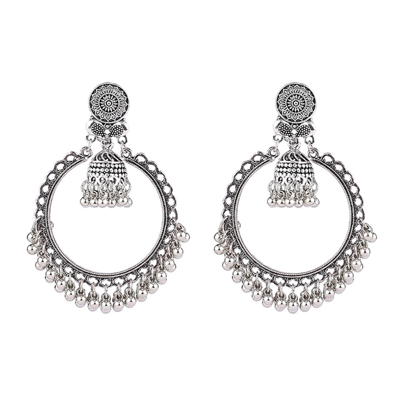 Anting Rumbai Manik-Manik Mutiara Bentuk Bulat Warna Silver Gaya Retro Indian Jhumka Untuk Wanita