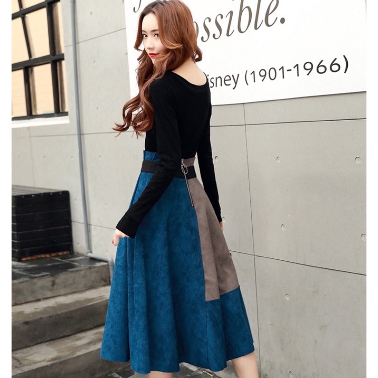 [ Retro Series ] Setelan Set Rok Suede Color Block Midi 7/8  + Atasan Import Premium ( Suede Skirt + Top )