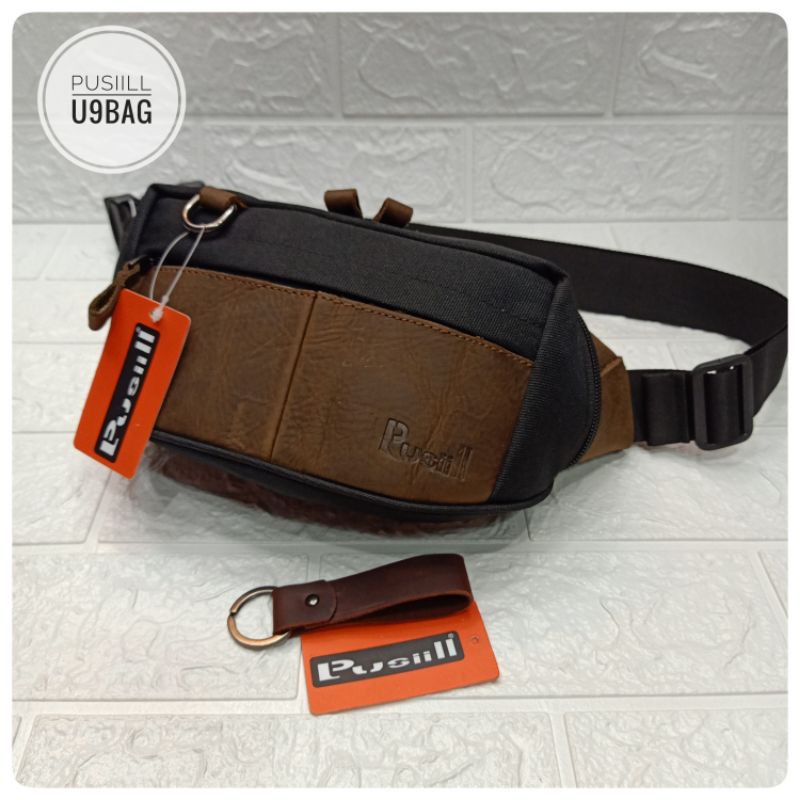 Pusiill A0.02black/waistbag kombinasi kulit asli+courdura/kulit sapi