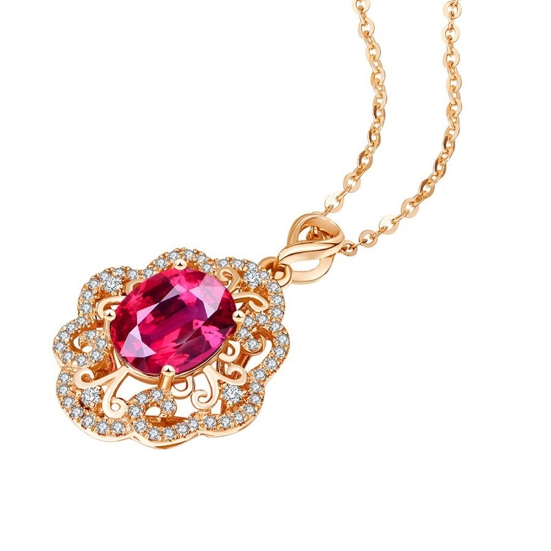 New Graceful and Fashionable Rose Gold Natural Ruby Pendant Inlaid with Diamond Necklace