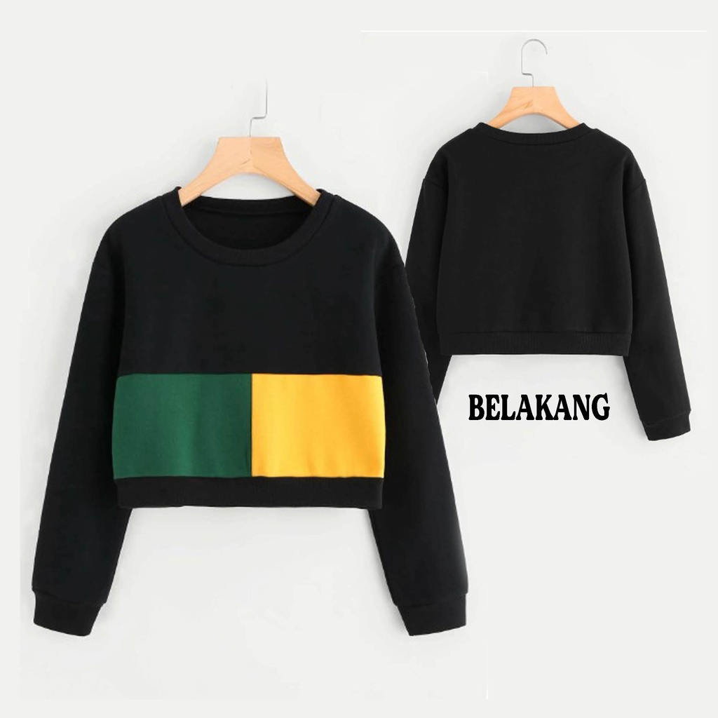 Sweater Crop 3D warna hitam kombinasi hijau dan kuning hoodie untuk wanita kekinian bisa juga untuk 