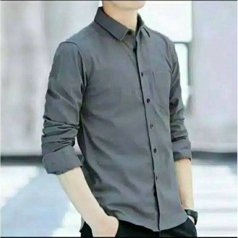 Baju Kemeja Pria Kasual Polos Hitam Putih Lengan Panjang /hem baju pria/ kemeja cowok / kemeja hitam