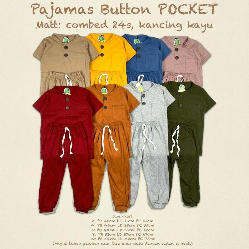 Pajamas BUTTON  Baju PIYAMA Anak Polos Pineapple Kids (1-8 TH)