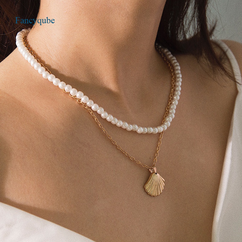 Fancyqube Kalung Rantai Multilayer Liontin Mutiara Kerang Gaya Retro Simple