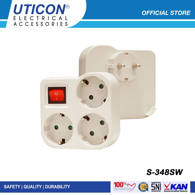 STOP KONTAK ARDE UTICON 3 LUBANG SEGI + STEKER + SAKLAR S-348SW S348SW