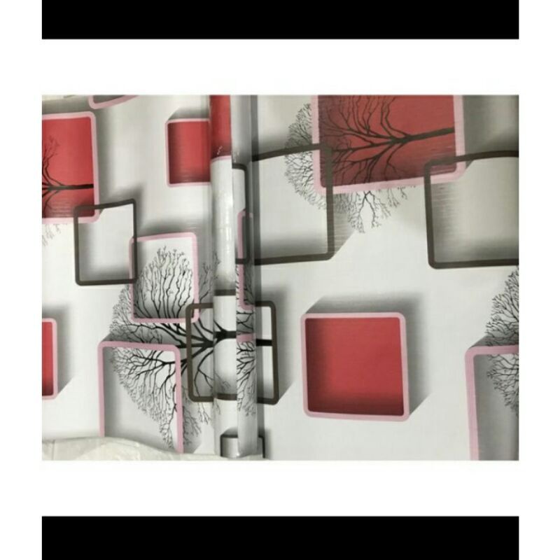 wallpaper stiker dinding 3d motif pohon kotak merah, 45cm x 10m