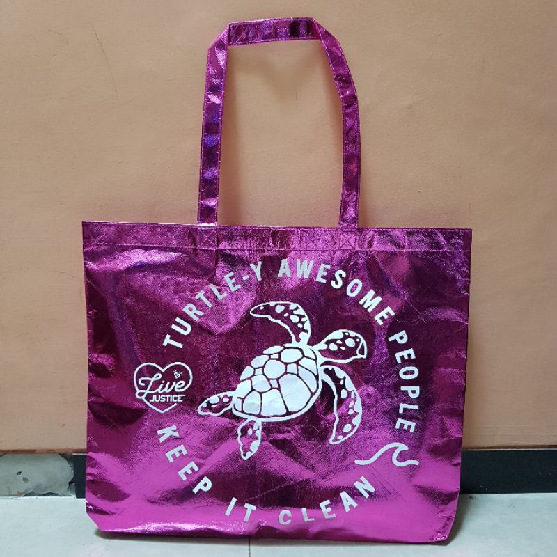 Justice Tote Bag Reusable Pink Foil Tas - Turtle-y Awesome People