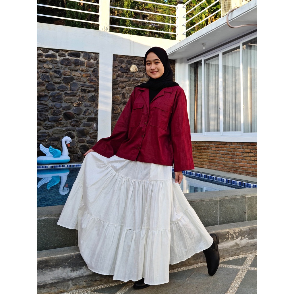 Setelan Baju Kuliah Kekinian Kemeja Lengan Panjang Rok Ruffle Kantor Muslim Hijab Ikoyo Ichi One Set