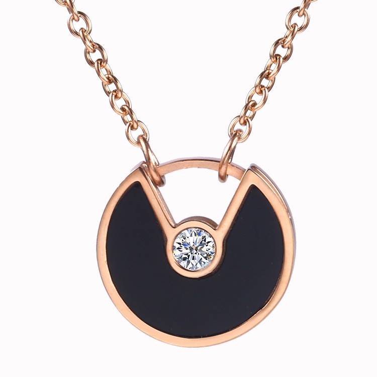 Perhiasan Kalung Korea Fashion Titanium Lingkaran Hitam Rosegold - BN394