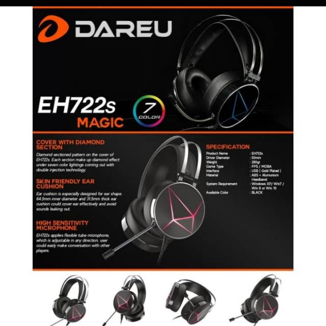 Headset Dareu EH 722s Magic 7.1 Surround RGB Lighting