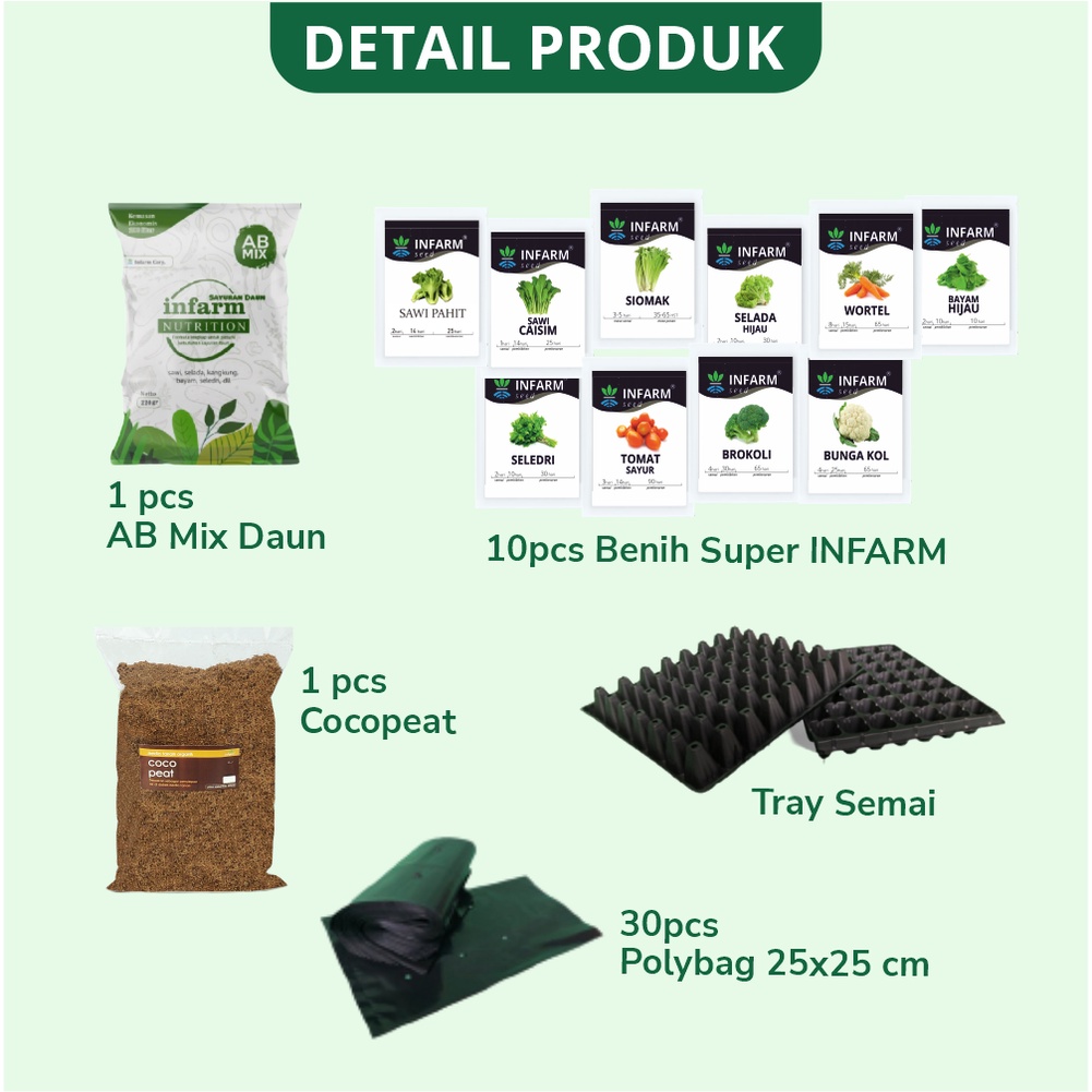 INFARM - Paket Kebun Rumah Lengkap 10 Benih Sayuran Cocopeat Tray Nutrisi AB Mix Peralatan Berkebun