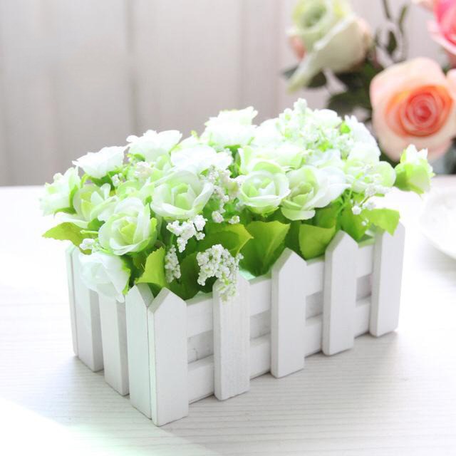 BUNGA PAGAR PUTIH VAS KAYU BENTUK PAGAR BUNGA MEJA BUNGA HIAS BUNGA PLASTIK BP8822-5