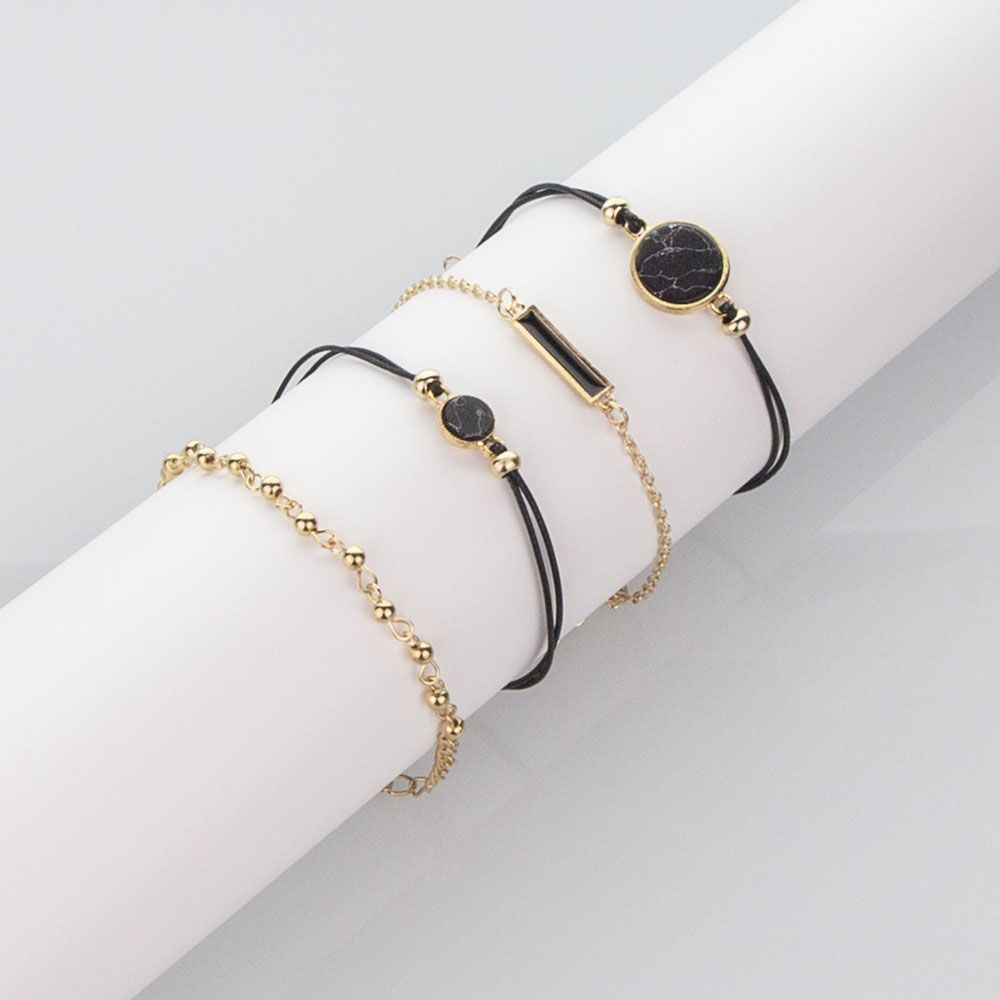 Needway  Geometric Jewelry Elegant Fashion Accessories Bracelet 4Pcs/Set Black Square Stone Handmade Simple Chain/Multicolor