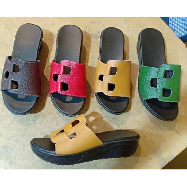 (Bisa cod) sandal kulit garut model wedges sol hitam kokop engsel