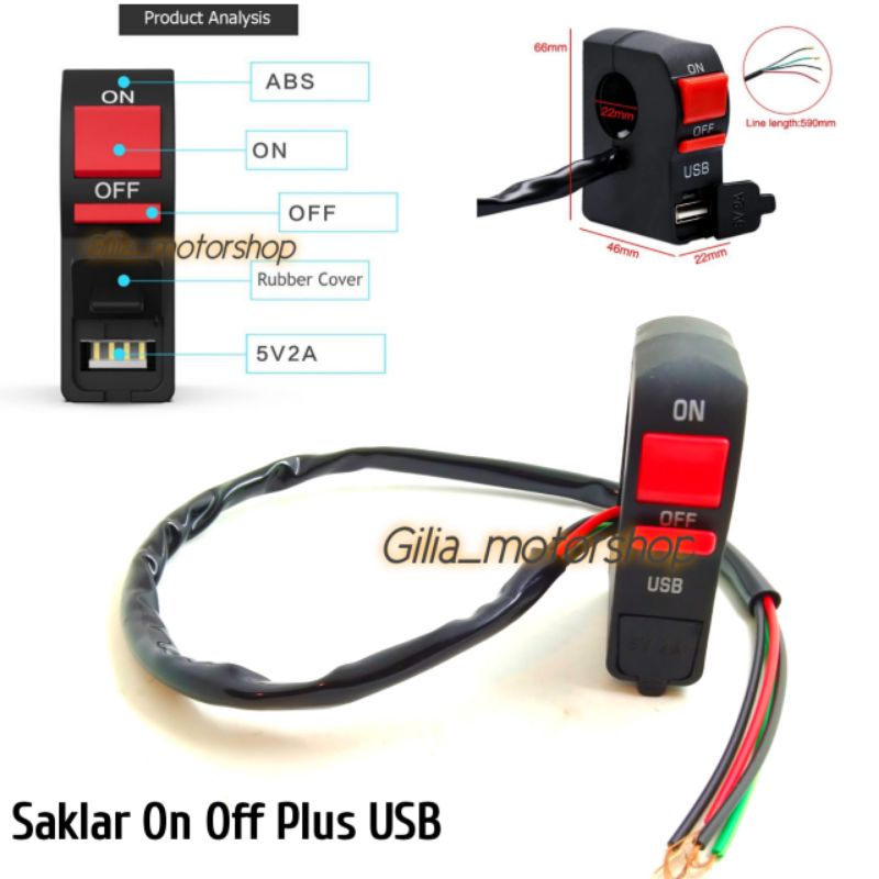 Saklar Lampu Motor Plus USB 5V 2A Saklar On Off Charger USB Universal Motor