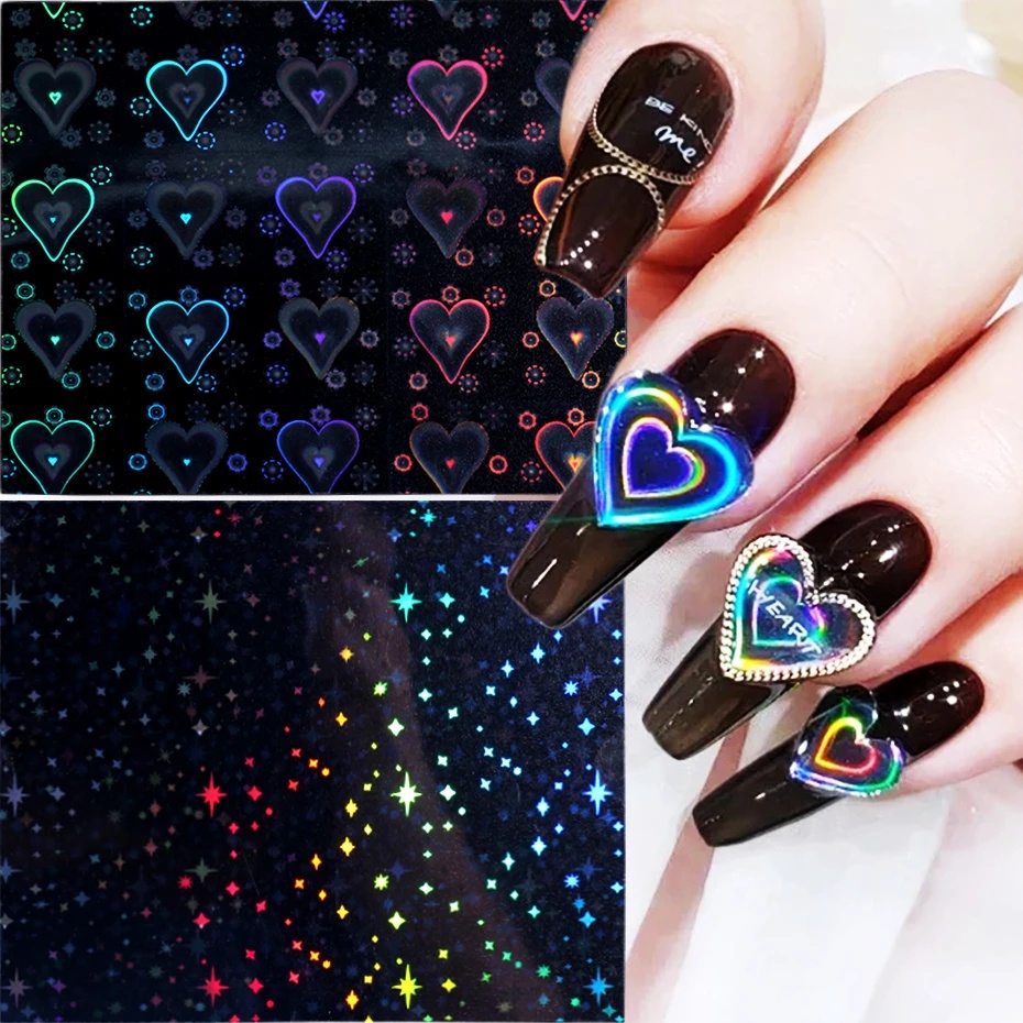 1 Lembar Stiker Kuku 3d Motif Hati Aurora Warna Laser Untuk Dekorasi Nail Art Diy