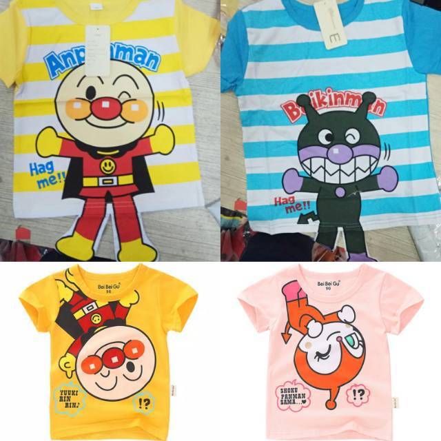 Kaos anpanman import anak katun kartun jepang hi Quality kuning pink anpaman garis