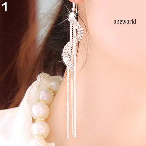 OW@ Women's Fashion S-Shape Long Tassels Rhinestone Hook Dangle Linear Earrings