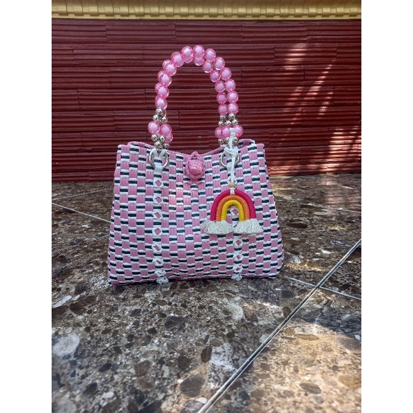 Tas anyaman plastik jali/tas anyam handle monte (mutiara)/tas kerajinan cantik
