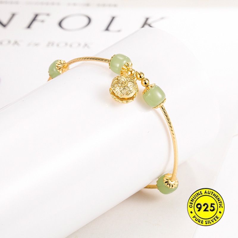 Gelang Tangan Rantai Emas 18K Adjustable Aksen Batu Giok Bulat Untuk Wanita