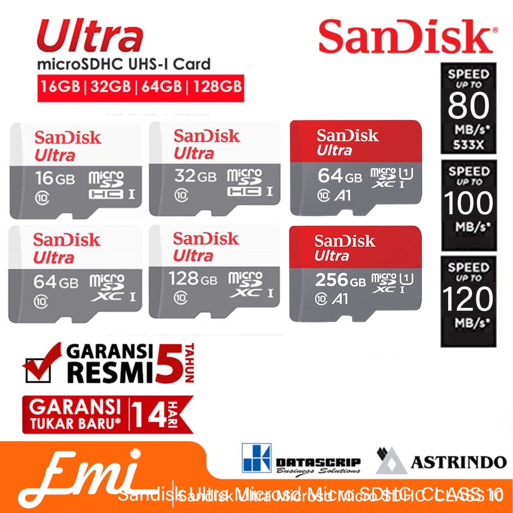 Sandisk Ultra Microsd Micro SDHC/SDXC 16gb 32gb 6gb 128gb 256gb / 80mb 100mb 120mb