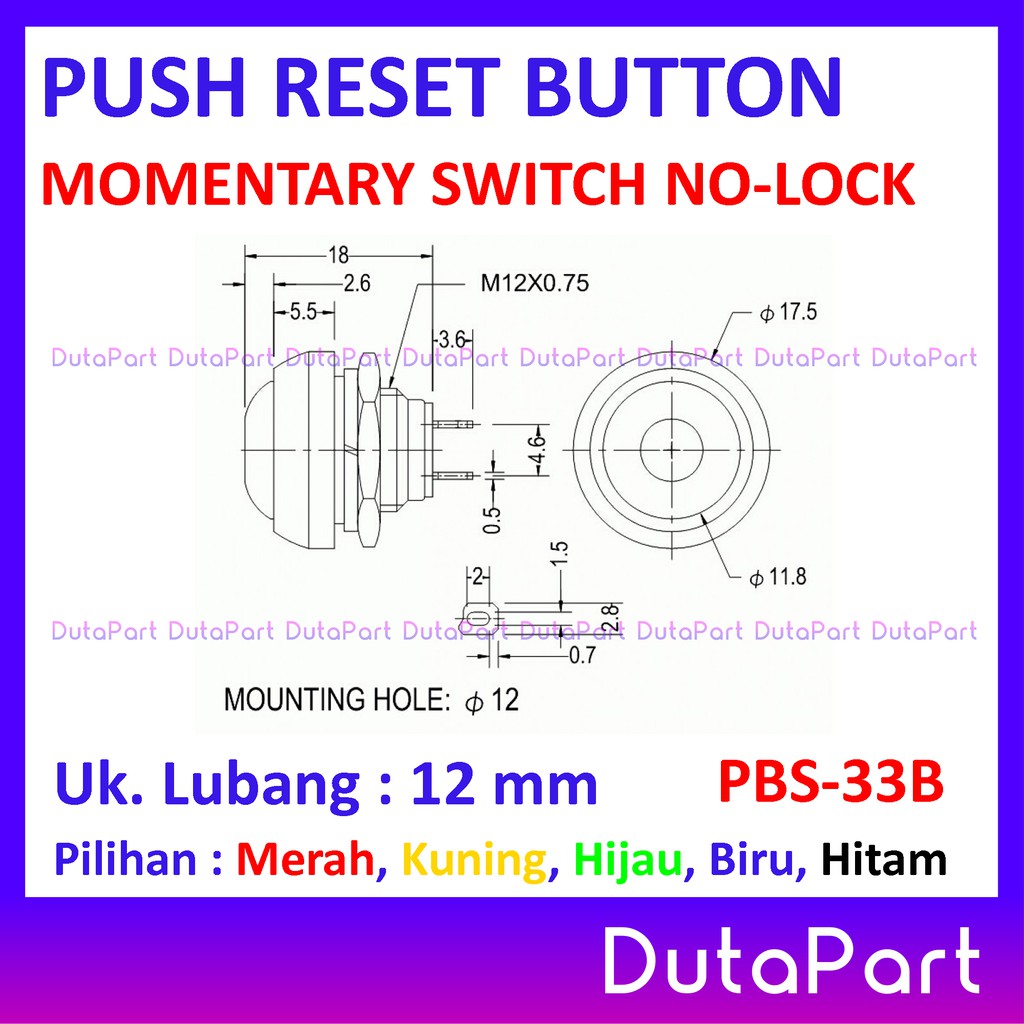 Waterproof Push Reset Button Momentary Reset Switch Saklar PBS-33B