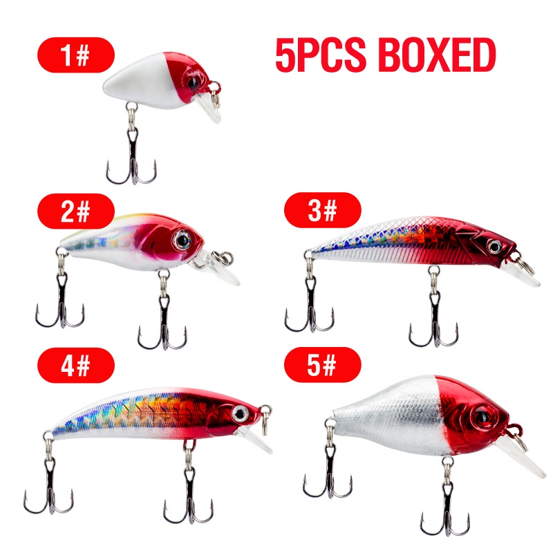 5pcs / Kotak Umpan Pancing Ikan Minnow Kepala Merah Bahan Plastik Keras 5 Warna 1.6 / 3.8 / 7 / 5 / 7.8g