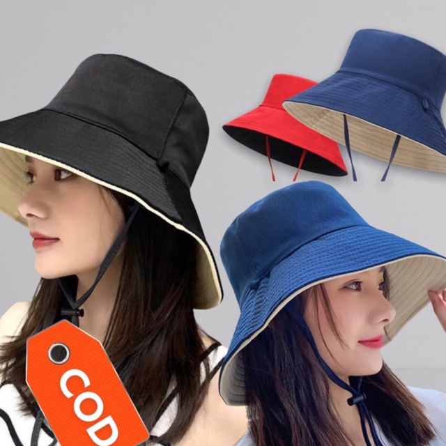 TerbaruWide Bucket Hat Tali Kecil/Bucket Hat Selebgram Korea/Topi Lebar/Topi Pantai/ Tali