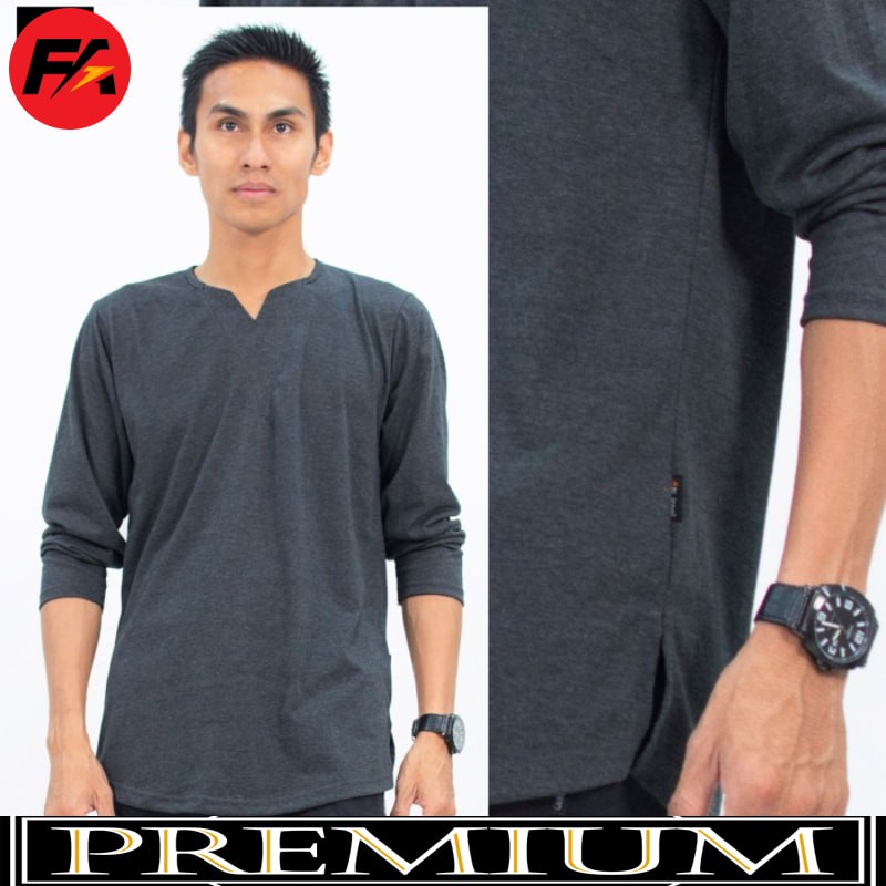 FA HAMISH Kurta Kaos Polos Lengan Panjang Baju Koko Pria Muslim - Abu-abu M